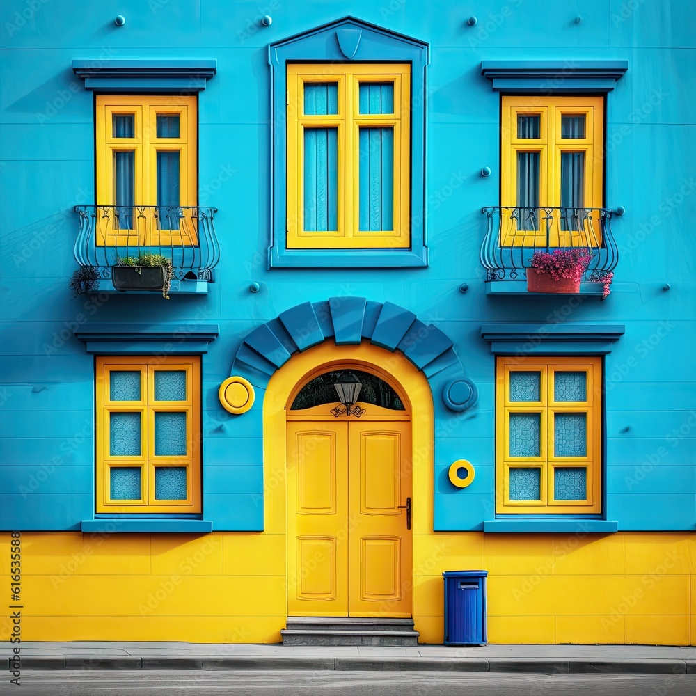 Obraz premium facade of a blue 3d house with windows generative ai