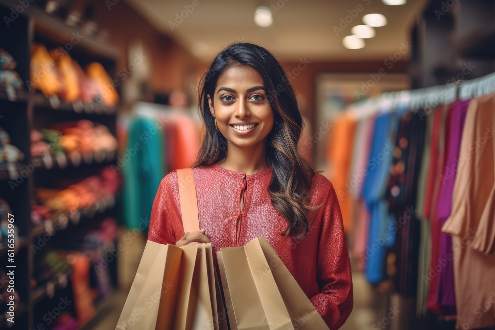 South Indian woman shopping in mall carrying bag generative ai South Indian woman shopping in mall carrying bag generative ai
