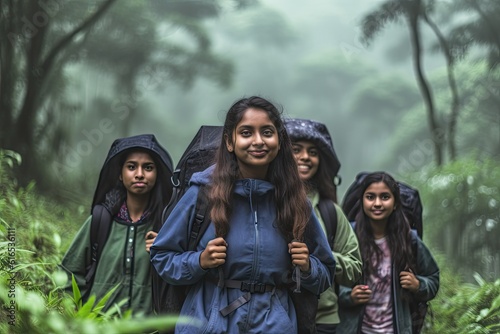 group of hicking indian teenage girls walking in the woods generative ai