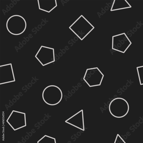 Geometric shapes circle, triangle, rhombus, polyhedron with white contours on a black or graphite background. Seamless pattern. Abstraction. Black and white palette. Vector illustration.