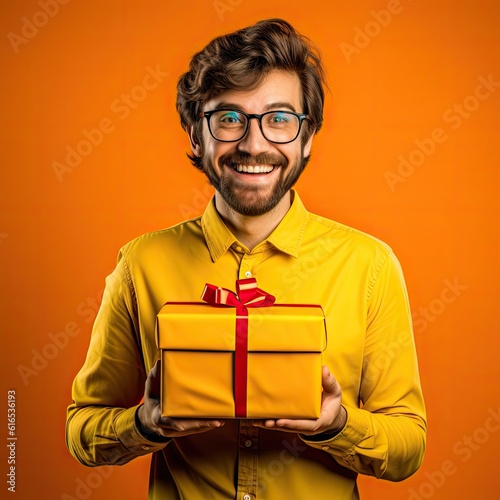 Man with gift orange color background generative ai © RamvijayB