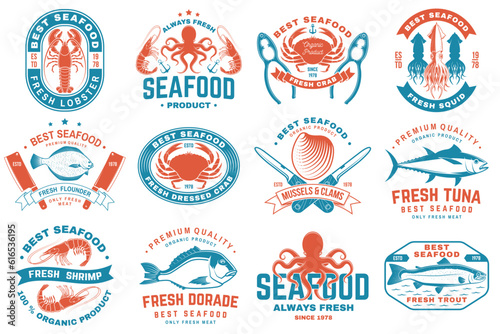 Set of best seafood badges. Fresh tuna, octopus, trout, shrimp, dressed crab, mussels and clams. Vector. For seafood emblem, sign, patch, shirt, menu restaurants with tuna, trout, shrimp, octopus
