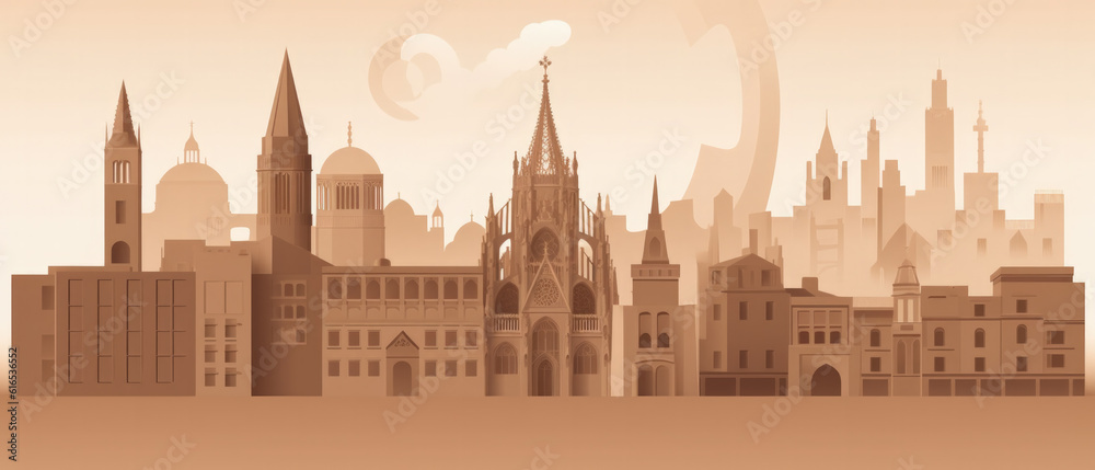Spain Landmarks Skyline Silhouette Style, Colorful, Cityscape, Travel and Tourist Attraction - Generative AI