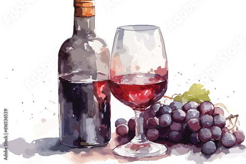 Watercolor wine bottom and glass on white background 