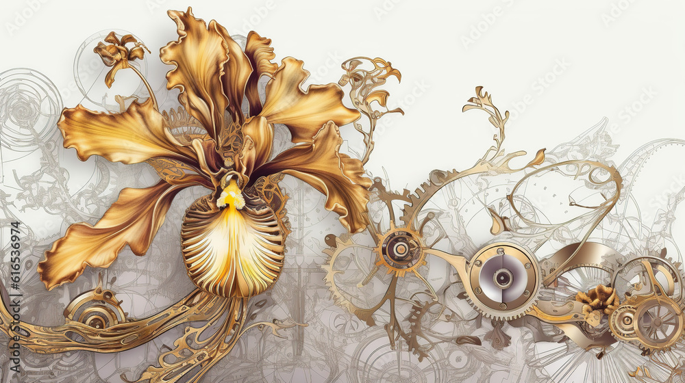  clock background, generative, ai, machine, mechanical, red, gold, flower