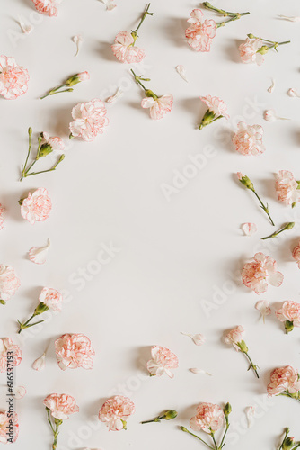 Frame made of pink carnation flowers on white background with blank copy space. Elegant postcard, social media backdrop. Flat lay, top view floral mockup template