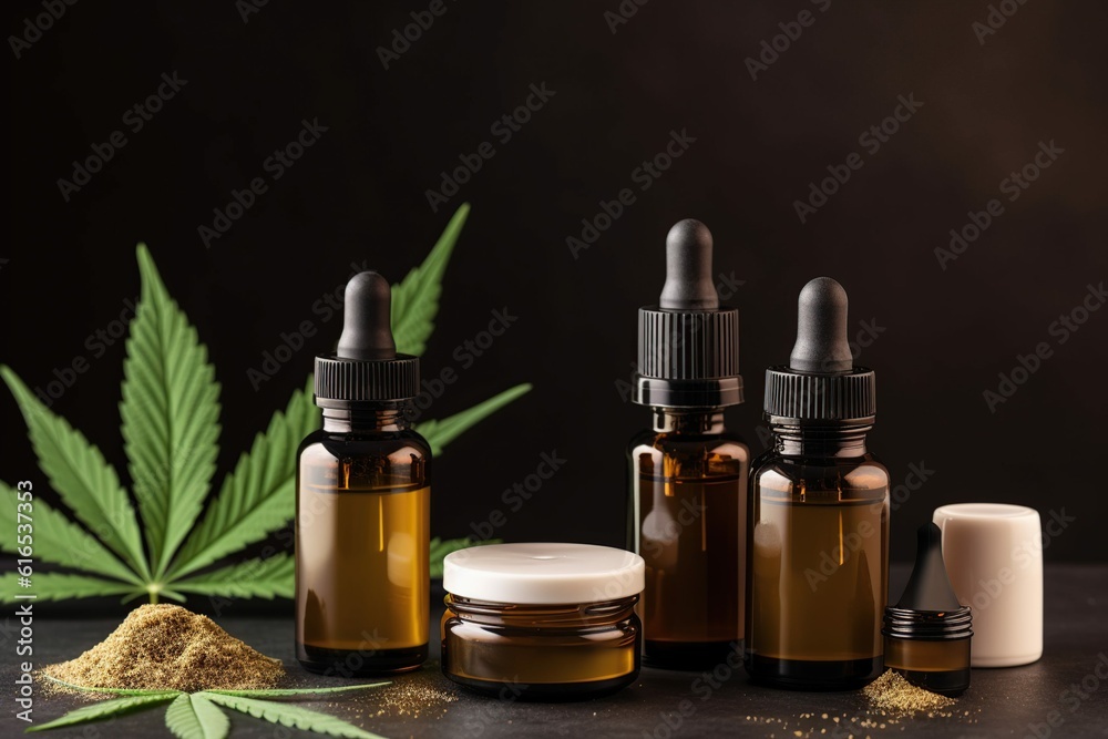 Top view flatlay cbd Oil care products, Generative ai