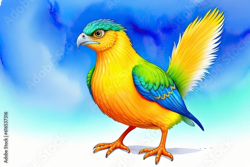 Watercolor imaginary a colorful bird, rainbow fur.