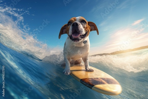 Funny surfer dog has fun riding, Generative ai