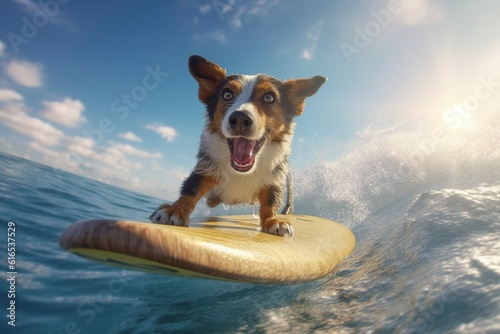 Funny surfer dog has fun riding, Generative ai