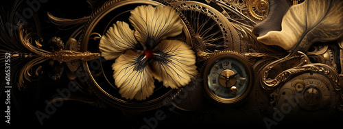  clock background, generative, ai, machine, mechanical, red, gold, flower © Svitlana