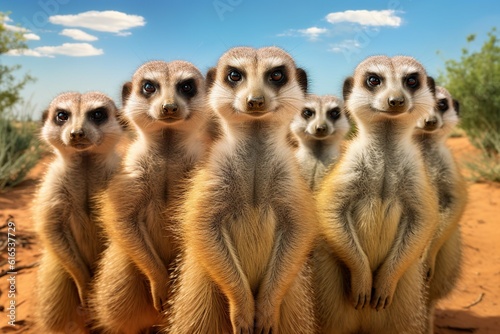 Group of meerkats standing upright and looking attentively at the camera, Generative ai © dhiyaeddine