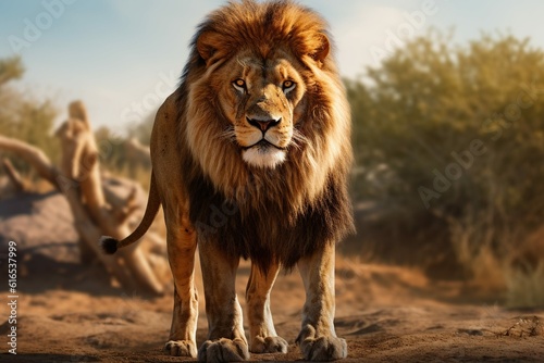 Lion standing upright and looking attentively at the camera  Generative ai