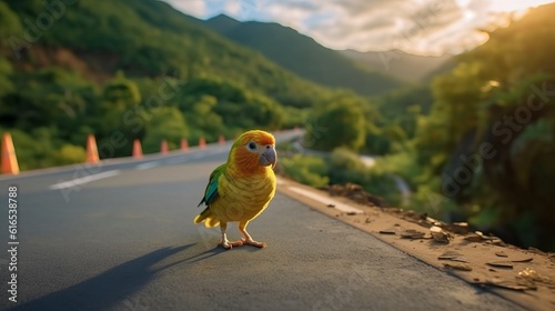portrait of a small parrot on the side of a road in the middle of a South American jungle with green mountain backgrounds