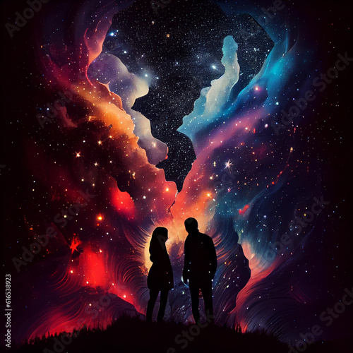 Couple in love, fantastic background Starry sky, galaxy and a man and a woman in love. AI generated.