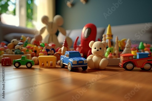 Fotografia Set of different cute toys on wooden table in children's room, Generative ai