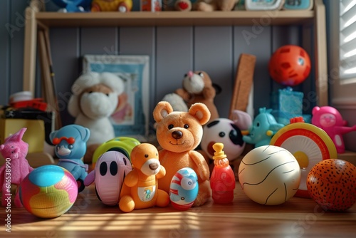 Set of different cute toys on wooden table in children s room  Generative ai