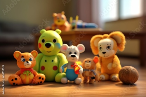 Set of different cute toys on wooden table in children's room, Generative ai © dhiyaeddine