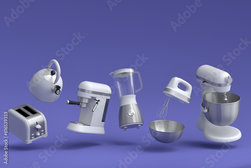 Electric kitchen appliances and utensils for making breakfast on violet