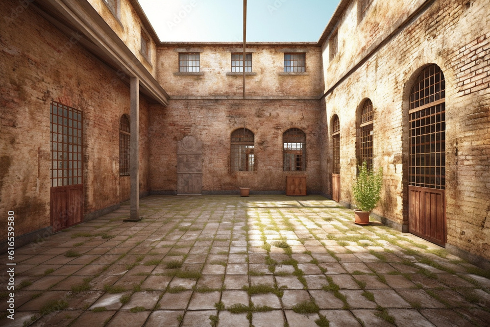 Ancient prison, brick walls. Courtyard. AI generated. Ancient prison, brick walls. Courtyard. AI generated.