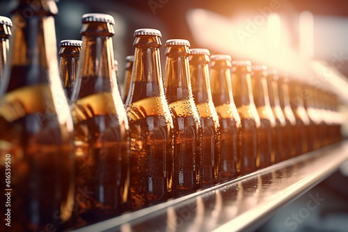 The production line of the brewery. Bottling beer. Glass bottles on the conveyor. AI generated.