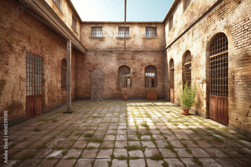 Ancient prison, brick walls. Courtyard. AI generated. © serperm73
