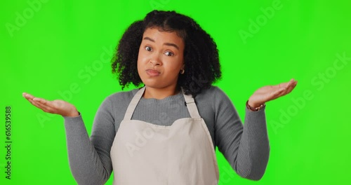 Green screen, waitress and woman with options, shrug and decisions against a studio background. Portrait, female person and employee with stress, questions and apron with doubt, confused and choice