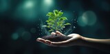 Illustration of hand holding young plant nature background. Concept eco and earth day. By Generative AI