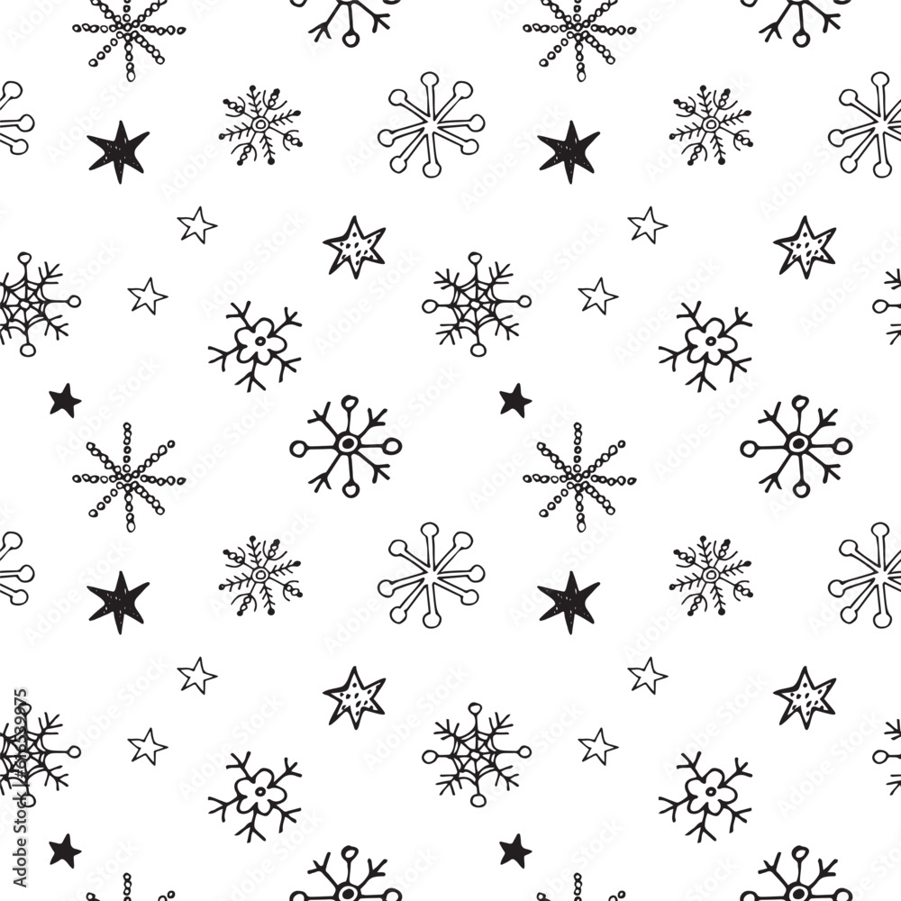 Snowflakes from snow repeating seamless pattern winter decorative ornament. Hand drawn festive background with flake of snow. For print, paper, greeting card, poster, poligrafie, banner, template Snowflakes from snow repeating seamless pattern winter decorative ornament. Hand drawn festive background with flake of snow. For print, paper, greeting card, poster, poligrafie, banner, template