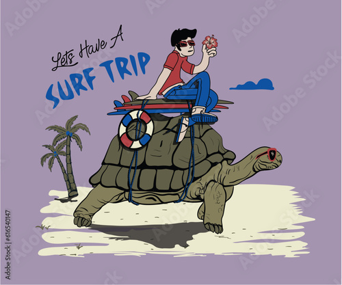 Photography funny surfer boy vector illustration, surf trip vector artwork, boy riding turtl