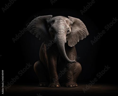 Illustration of a seated elephant on a black background .AI generative