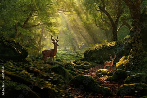 A hyperrealistic portrayal of a deer in a lush green forest, with sunlight streaming through the foliage, illuminating the deer's graceful movements and creating a magical atmosphere