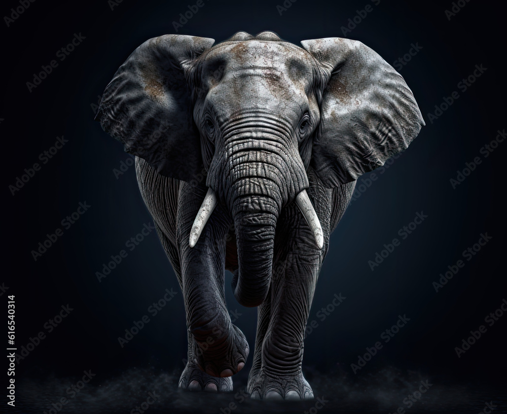 Illustration of an elephant on a black background.AI generative