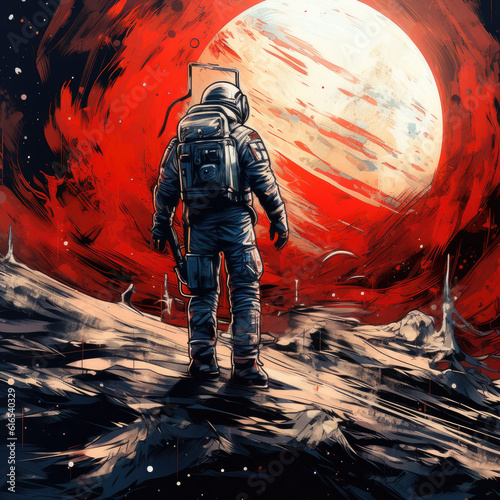 Sci-Fi Astronaut on the Moon - Red and Black Colors, Illustration