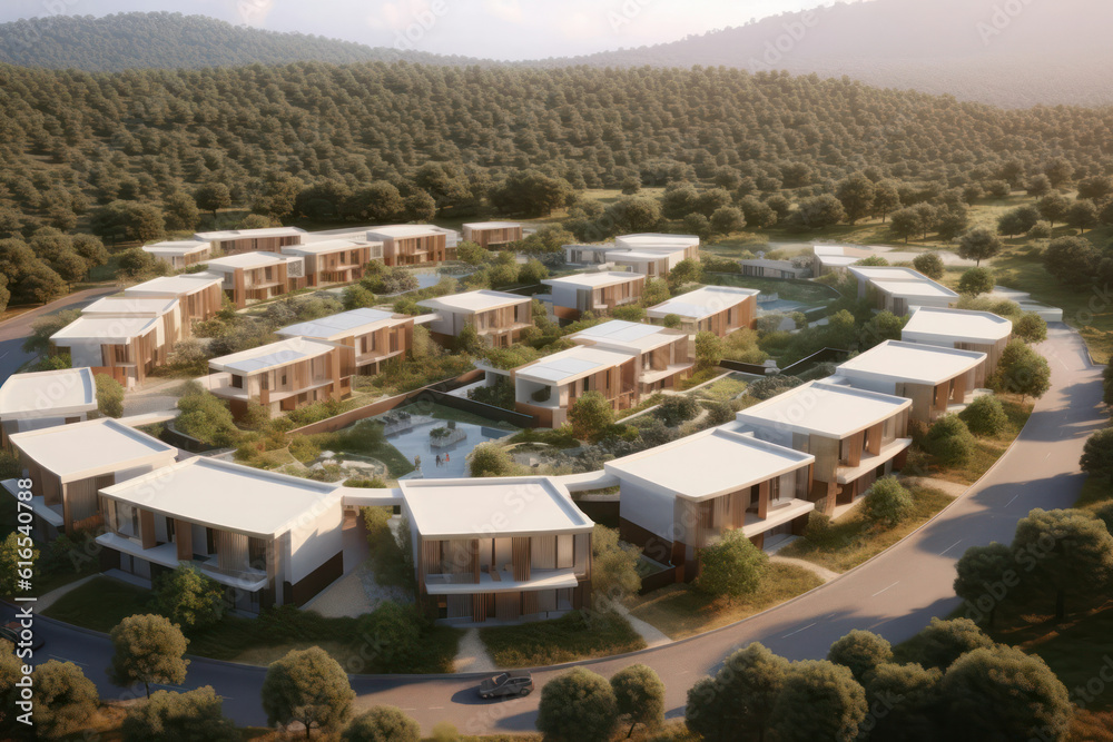 An eco-village with community-driven renewable energy projects, showcasing the transition to clean energy and the reduction of carbon footprint in stunning 8k resolution