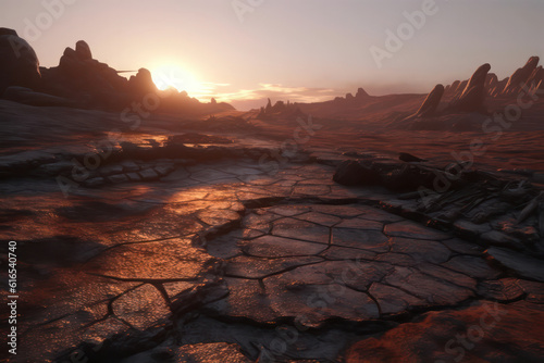 A hyperrealistic depiction of a cracked and parched earth, representing the impact of heatwaves and droughts exacerbated by global warming, in hyperrealistic 8k detail