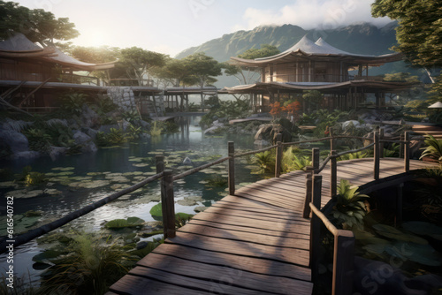 A thriving eco-village with nature-inspired architecture, green spaces, and biodiversity-friendly landscaping, demonstrating the integration of human habitats with the natural environment