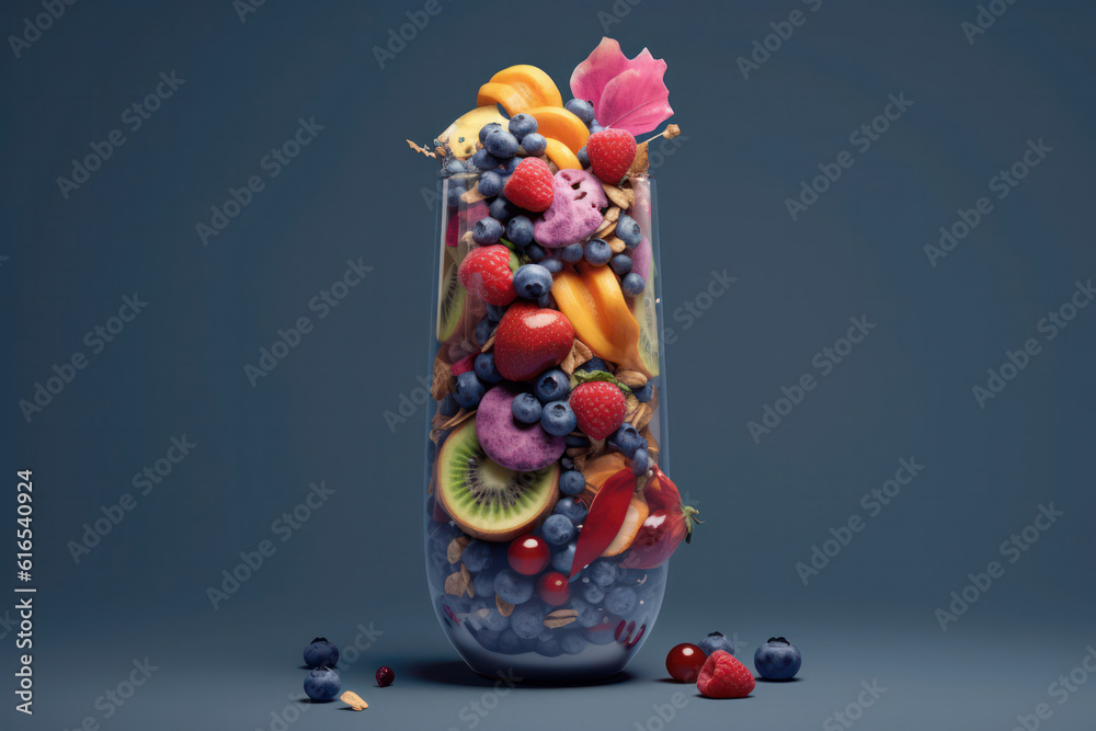 A hyperrealistic portrayal of a nutritious and delicious smoothie, showcasing the vibrant colors and enticing layers of various fruits and toppings, promoting a joyful and healthy indulgence