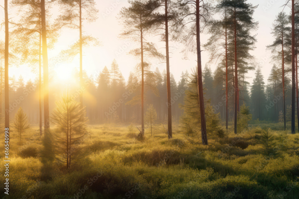 A dramatic forest at sunrise, with the first rays of light piercing through the trees, casting a warm and golden glow over the woodland in high-definition 8k brilliance A dramatic forest at sunrise, with the first rays of light piercing through the trees, casting a warm and golden glow over the woodland in high-definition 8k brilliance