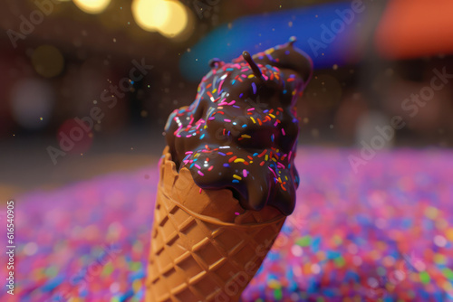 A hyperrealistic shot of an ice cream cone with an assortment of colorful toppings, including sprinkles, chocolate chips, and gummy bears, showcasing the fun and joy