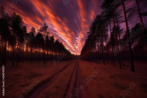 A dramatic forest scene at twilight, with warm hues of orange and purple painting the sky, casting a surreal and captivating glow over the woodland in high-definition 8k brilliance