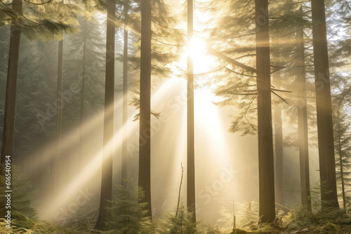 A dramatic forest shrouded in fog, with sunlight breaking through the mist and creating a mystical and otherworldly atmosphere in stunning 8k resolution