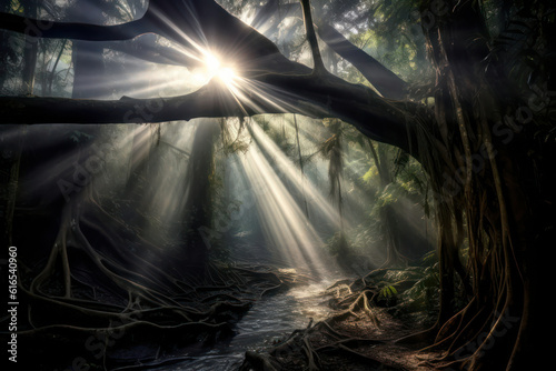 A dramatic forest enveloped in mist, with a single ray of sunlight breaking through the fog, creating a mystical and ethereal atmosphere in breathtaking 8k detail