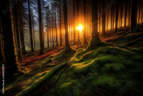 A dramatic forest at sunrise  with the first rays of light piercing through the trees  casting a warm and golden glow over the woodland in high-definition 8k brilliance
