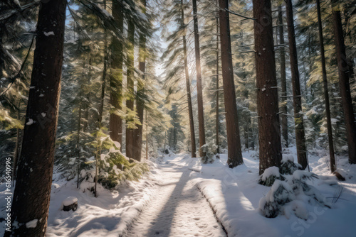 A majestic forest in the midst of a winter snowfall, with soft, diffused light casting a serene and peaceful ambiance over the snowy landscape in pristine 8k clarity