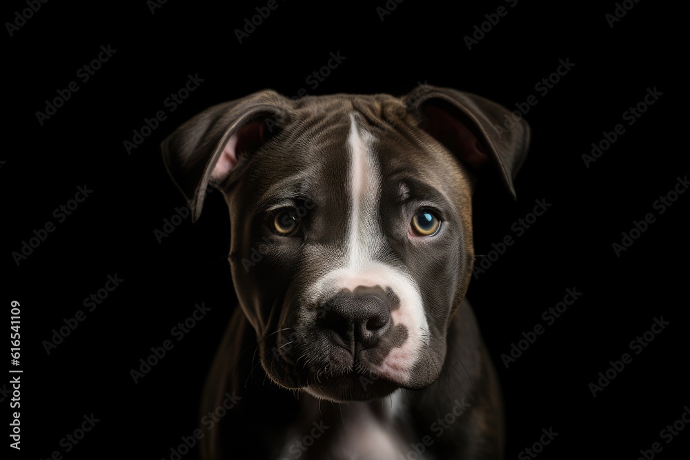 close-up portrait of a dog against a black background