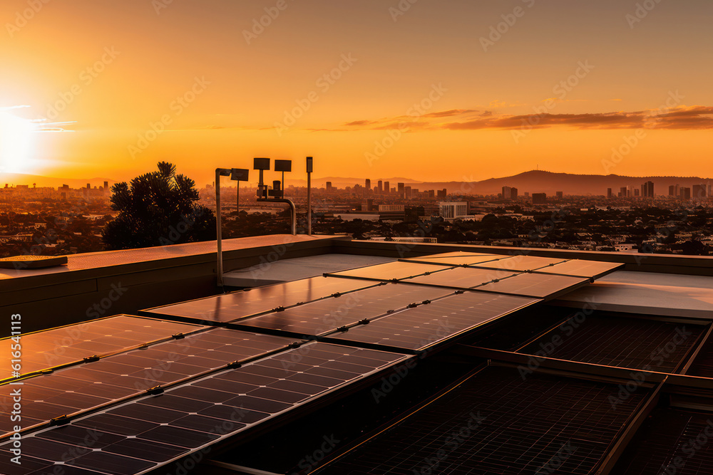 A LEED-certified office building with rooftop solar panels and ...