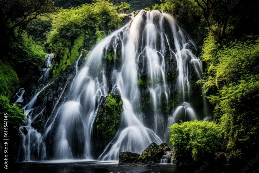 Fototapeta premium A breathtaking waterfall surrounded by lush greenery, with the cascading water creating a sense of tranquility and serenity in mesmerizing 8k resolution