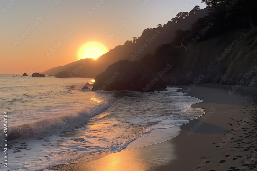Fototapeta premium A hyperrealistic capture of a secluded beach with gentle waves rolling ashore, evoking a sense of serenity and peace, in hyperrealistic 8k detail