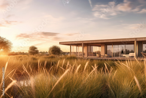 A passive solar house with large windows and natural materials, harmonizing with the surrounding landscape, showcasing sustainable living in remarkable 8k clarity